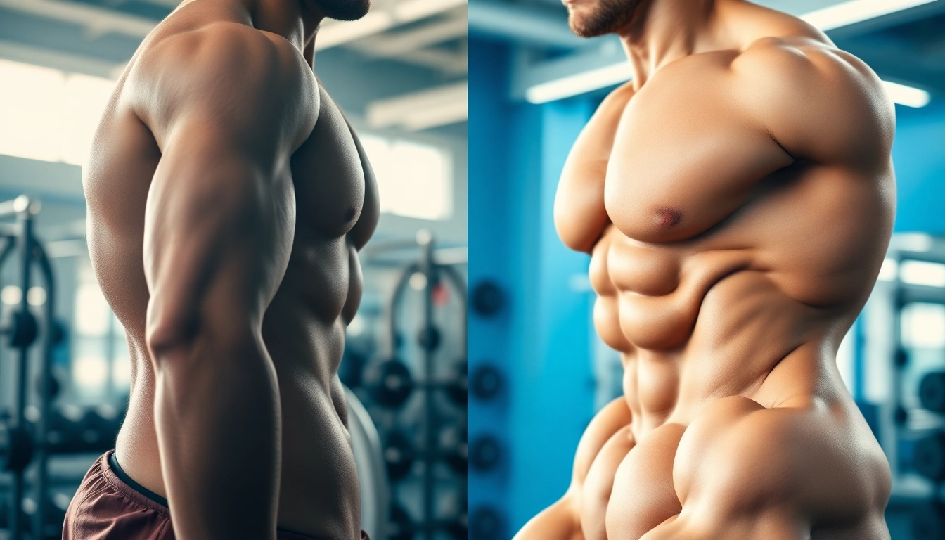 Testo vorher nachher – beeindruckende Transformation eines Sportlers in einem Fitnessstudio.