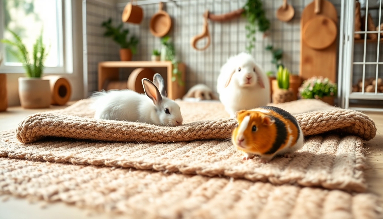 Nagermatte laying in a cozy pet habitat with a rabbit and guinea pig playing.