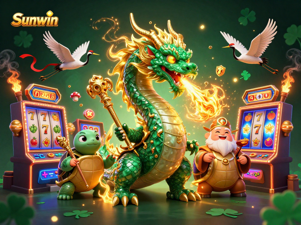 Experience thrilling slots with Sunwin featuring a jade dragon, turtle sage, and lucky cranes.