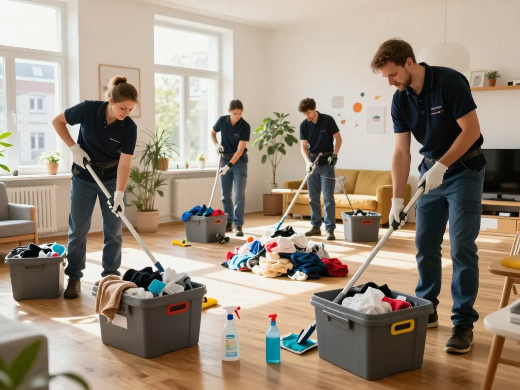 Entrümpelung in Münster, präsentiert mit einem professionellen Team, das eine Wohnung effizient in einem hellen, einladenden Raum entrümpelt.