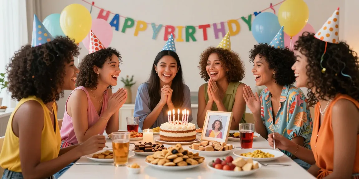 Ideeën voor een onvergetelijke verjaardag van een vrouw vier vriendinnen vieren met een verjaardagstaart en feestdecoraties.
