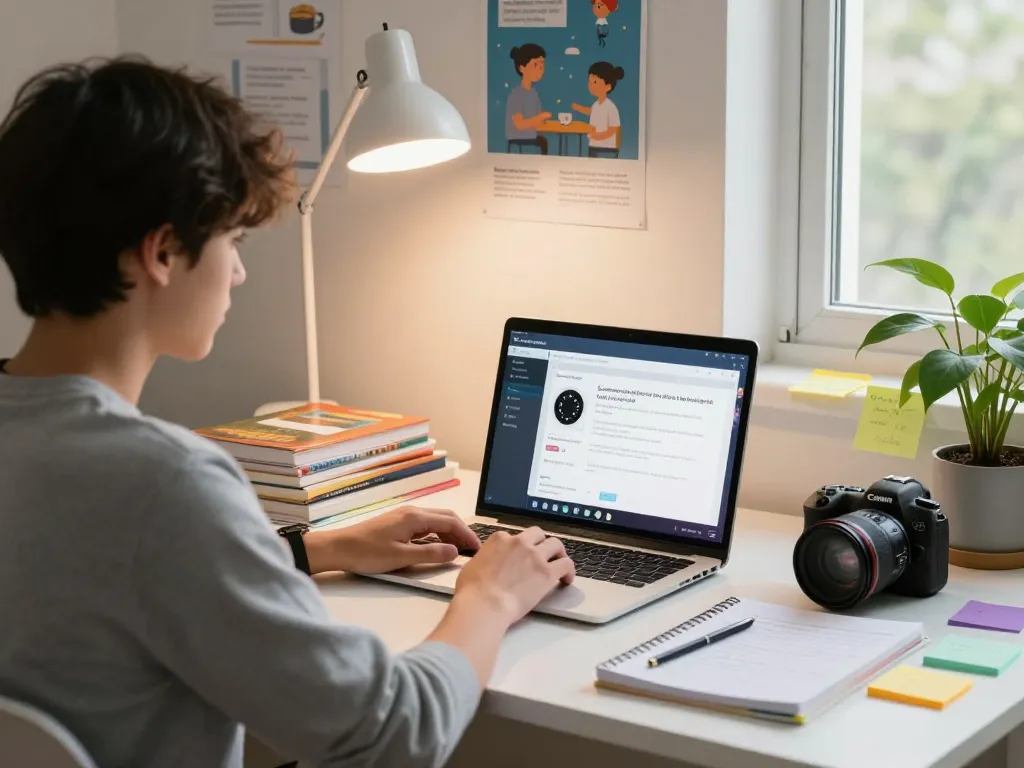Student, der die Hausaufgaben Scanner Anwendung in einer hellen Lernumgebung verwendet