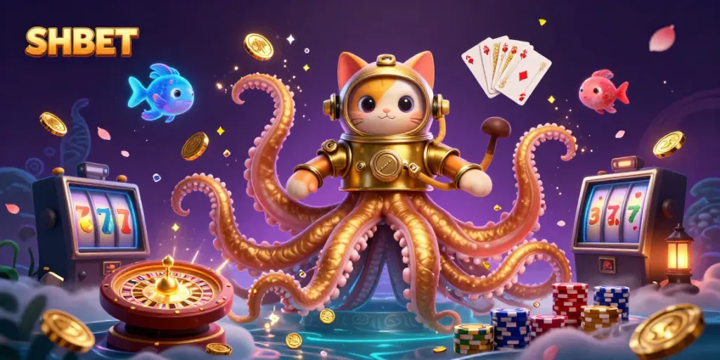 Experience immersive SHBET gaming adventures with vibrant cartoon kraken, diving cat, and casino elements.