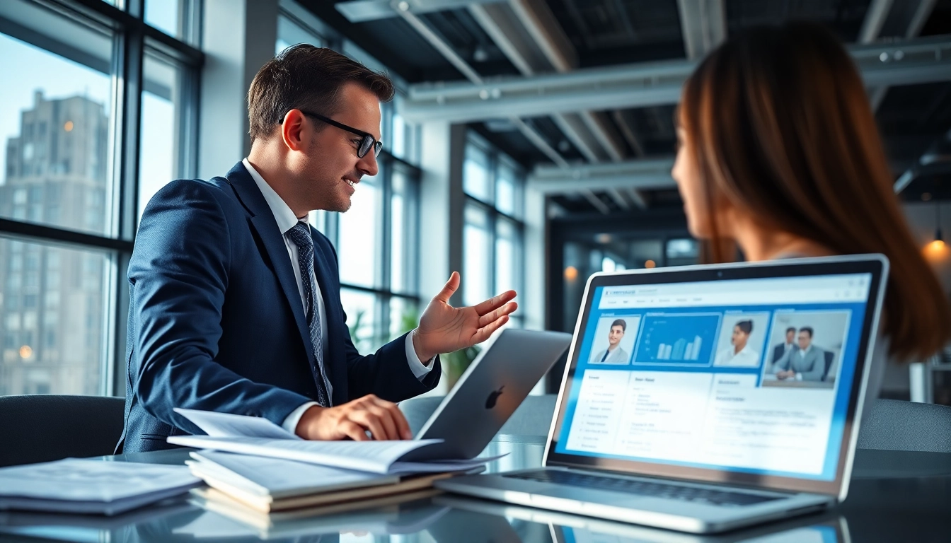 Headhunter Schweiz in einem modernen Büro, das mit Lebensläufen und einem Laptop zeigt.