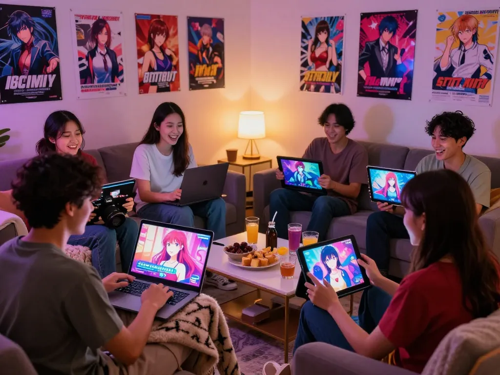 Friends playing sexgames on multiple devices in a cozy living room, showcasing interactive adult entertainment.