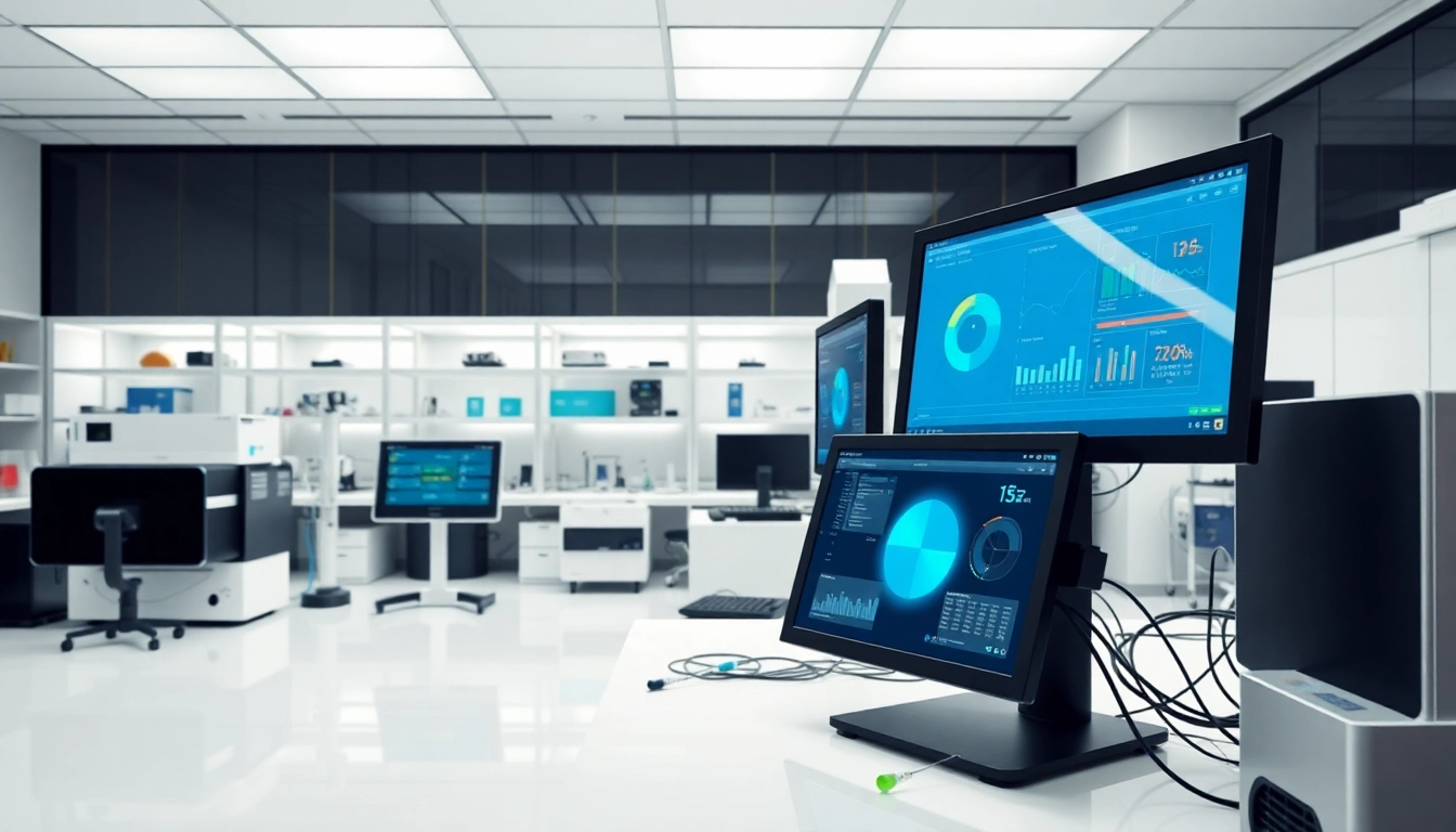 Praesentation von digitalen Loesungen im Labor mit modernen Geraeten und technischem Zubehoer.