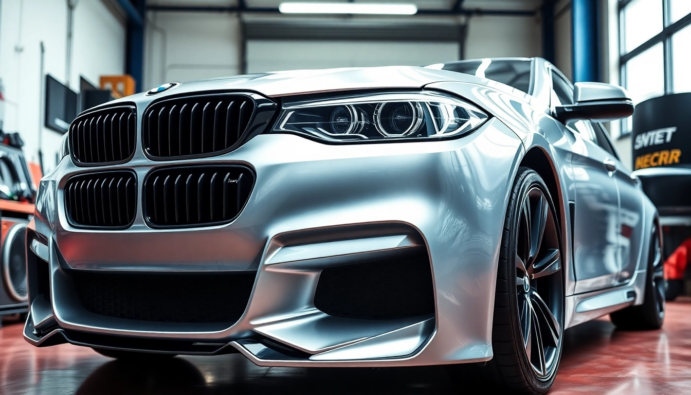 BMW Nachrüstung für individualisierte Fahrzeugmodifikationen in einer modernen Werkstatt.