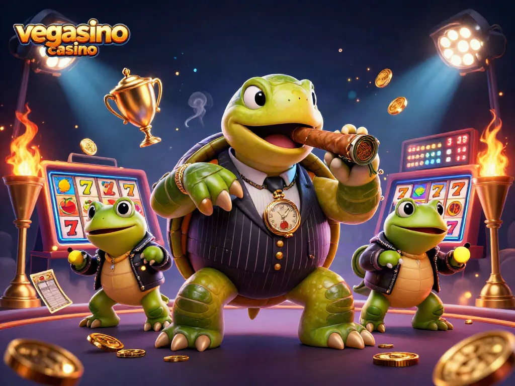 Experience the thrill of vegasino casino with a unique 3D cartoon scene featuring a mobster turtle.