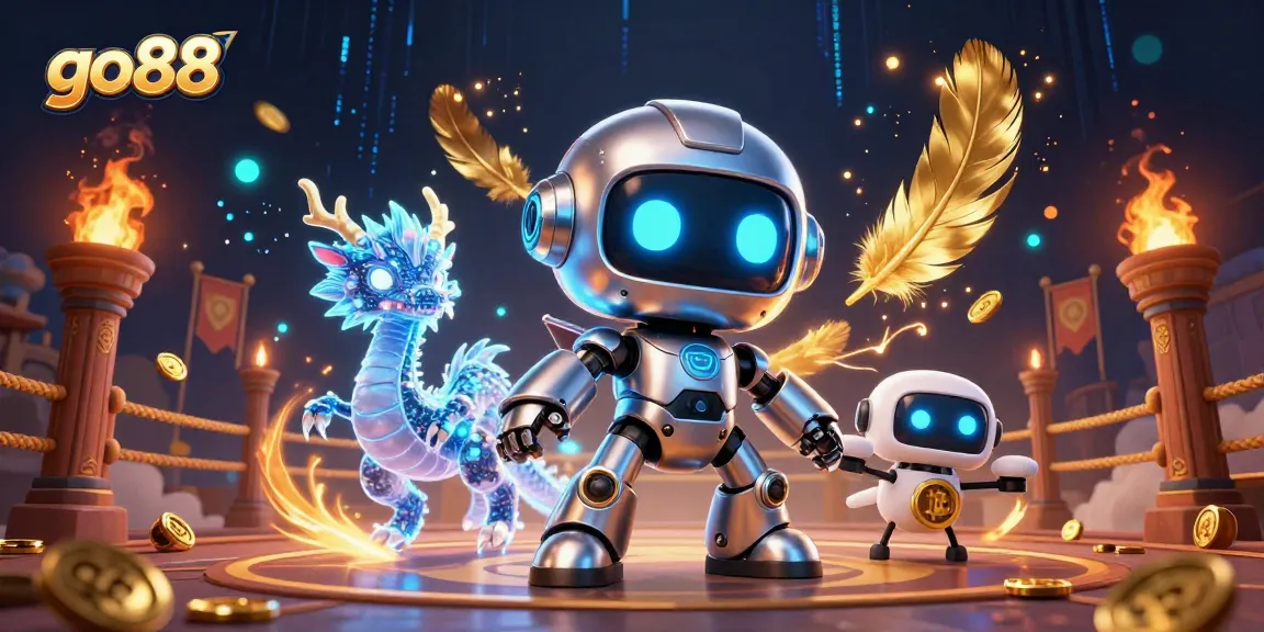 Engage with go88 in a vibrant online casino scene featuring a chrome robot and dragon.