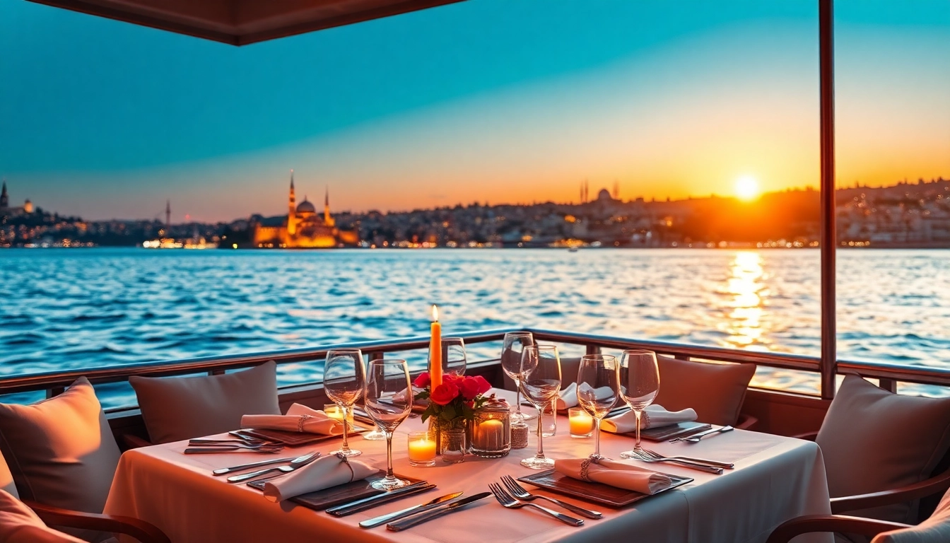 Bosphorus dinner cruise with a romantic table setting and Istanbul skyline at sunset.