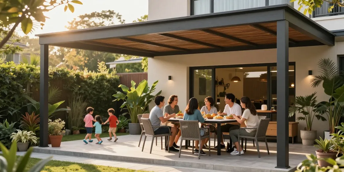 Terrassenüberdachung freistehend in einem idyllischen Garten mit Familie, die eine Mahlzeit genießt.