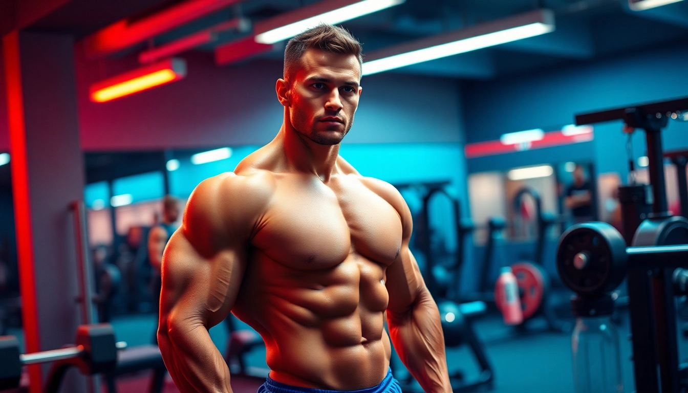 Sustanon 250 kaufen von einem muskulösen Athleten, der im Fitnessstudio trainiert.