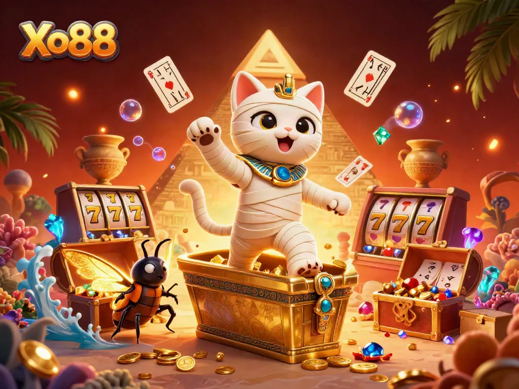 Xo88 engages players with a vibrant Egyptian-themed casino illustration featuring a mummy cat and glowing elements.