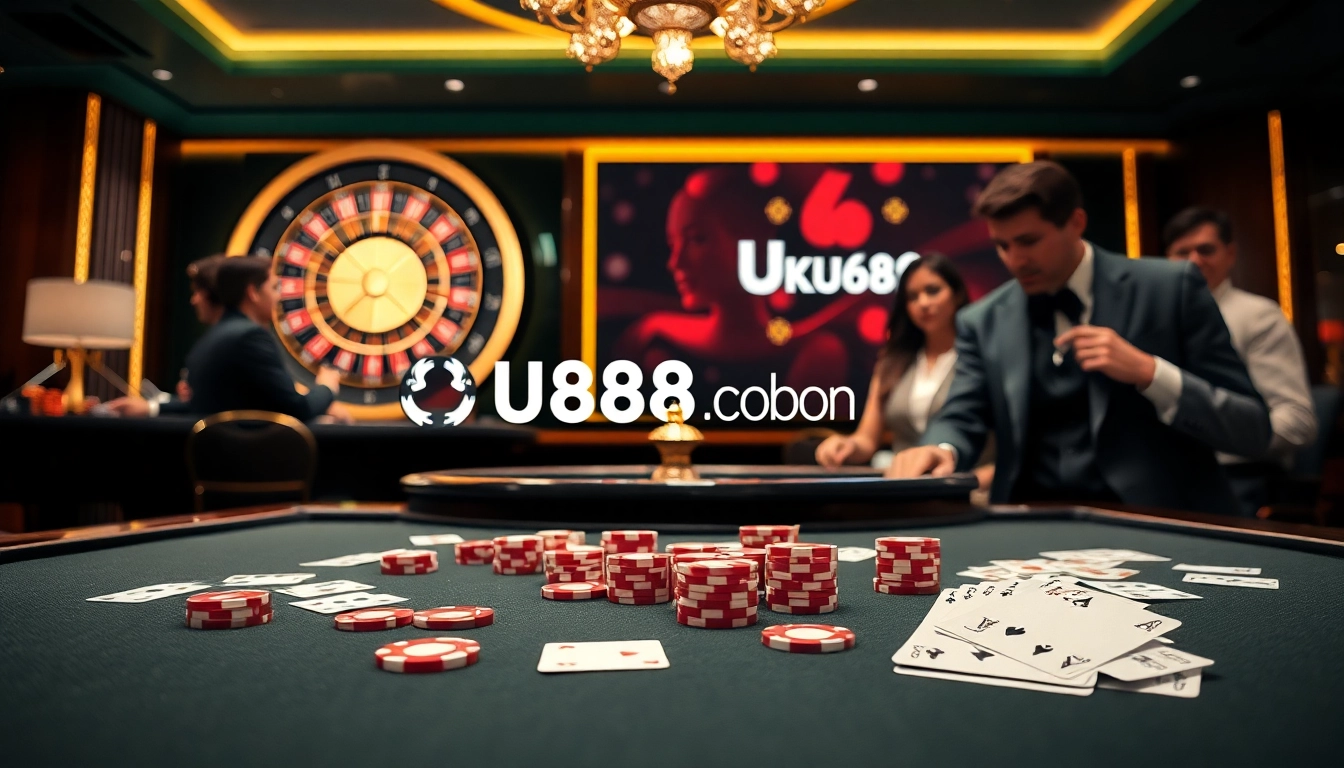 Gamblers experiencing excitement at U888u88.com with poker chips and cards at a casino table.