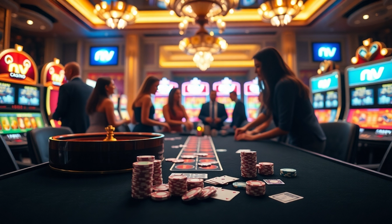 Gambling excitement at nv casino with poker chips and roulette wheel on display.