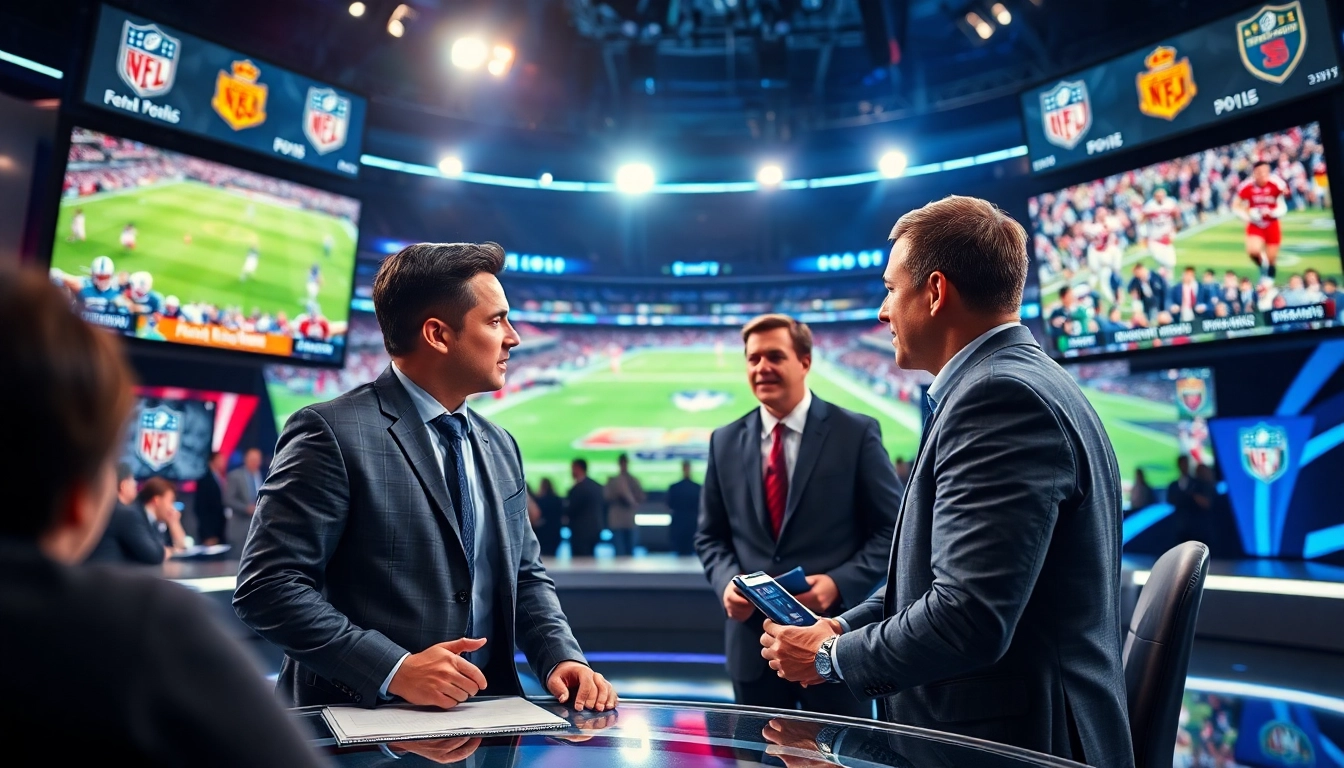 Engaging scene of sports broadcasting with presenters discussing live events.