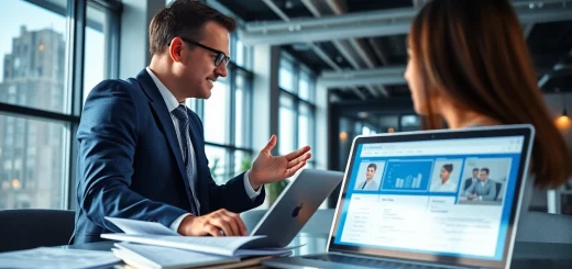 Headhunter Schweiz in einem modernen Büro, das mit Lebensläufen und einem Laptop zeigt.
