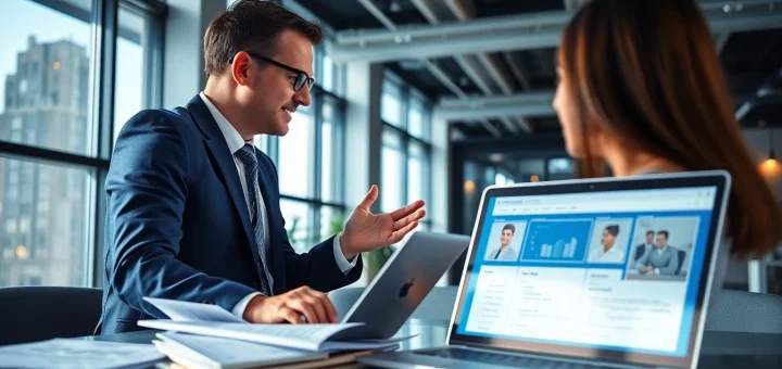 Headhunter Schweiz in einem modernen Büro, das mit Lebensläufen und einem Laptop zeigt.