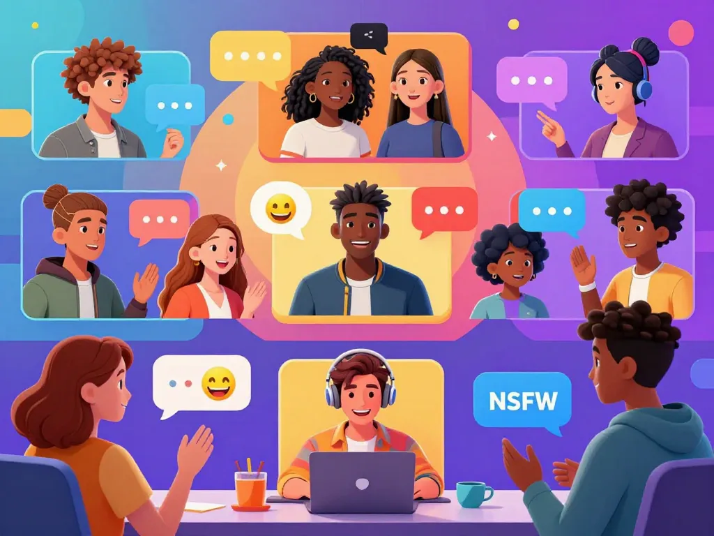 Engaging character ai nsfw chatroom scene with diverse avatars and vibrant colors.
