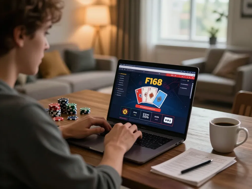 Player engaging in f168 online gambling using a laptop, showcasing casino interface and strategic gaming.