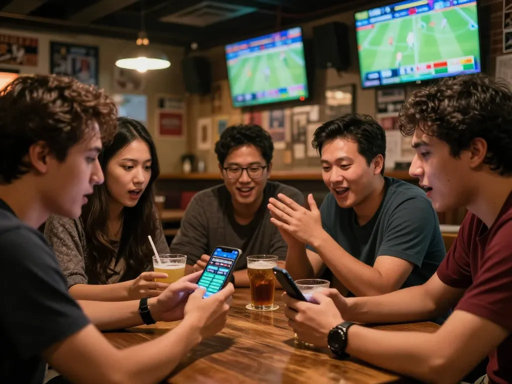 Friends eagerly placing bets on kèo bóng đá trực tuyến during a lively sports night.