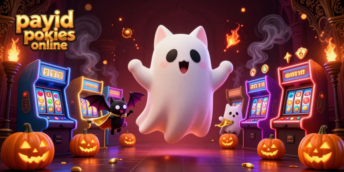 Play payid pokies online with a ghost cat and a vampire bat in a vibrant casino scene.