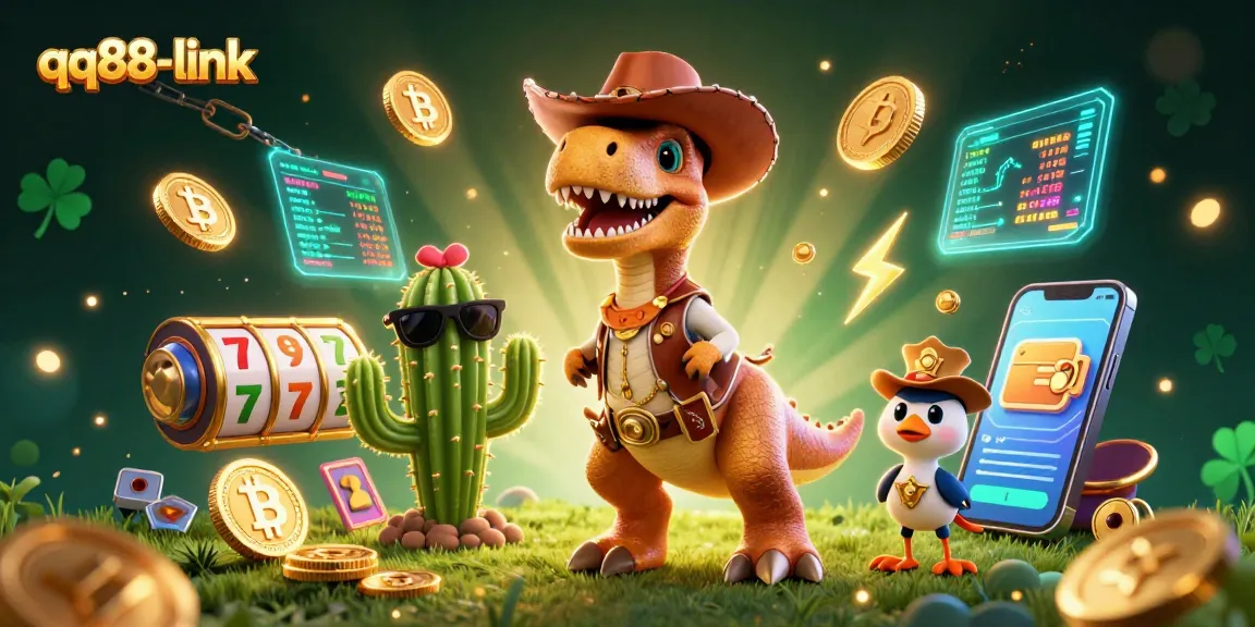 Engage with qq88-link's thrilling slot reels adventure featuring cartoony characters and virtual currency elements.