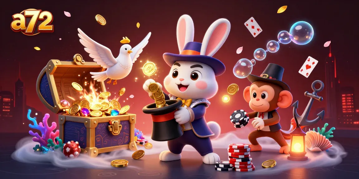 a72 casino illustration with a magical rabbit, dove, and monkey, packed with vibrant gaming elements.